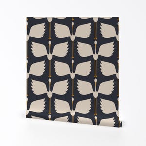 Kraniche Tapete - Kräne nehmen Flug von Katerhees - White Navy Art Deco Nautik 1920 Entfernbare selbstklebende Tapetenrolle von Spoonflower