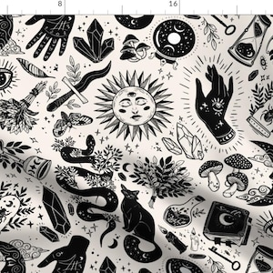 Witch Fabric - Witchy Things by serena_archetti - Magic Goth Witchcraft Crystals Black Cat Palm Moon Eye Fabric by the Yard by Spoonflower