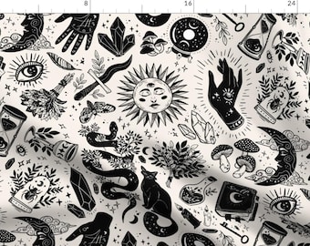 Witch Fabric - Witchy Things by serena_archetti - Magic Goth Witchcraft Crystals Black Cat Palm Moon Eye Fabric by the Yard by Spoonflower