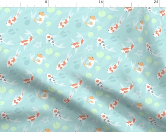 May include: A seamless pattern featuring orange, white, and gray koi fish swimming in a light blue pond. The pattern also includes light green lily pads.