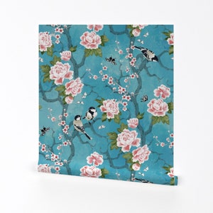 Floral Wallpaper - Chinoiserie Bird Small By Adenaj - Blue Floral Blush Custom Printed Removable Self Adhesive Wallpaper Roll by Spoonflower