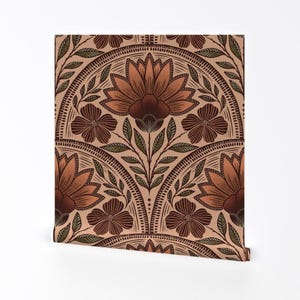 Earth Tone Floral Removable Peel and Stick Wallpaper - Art Deco Beige Rust - Wall Art Wall Decor - Terracotta Blossoms by megpie_print