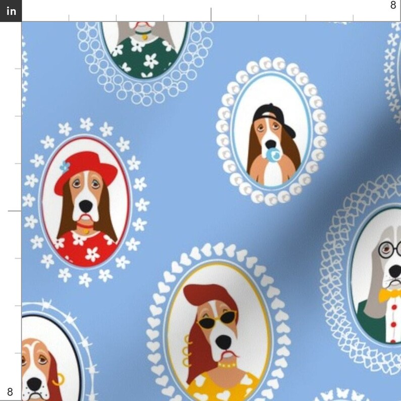 Basset Hound Fabric Basset Family Portraits Blue by Overbye Etsy