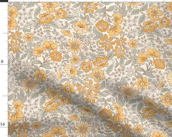 Vintage Floral Fabric - Posey Golden Yellow And Sage  by byre_wilde - Sage Summer 1970s Cottagecore Chintz Fabric by the Yard by Spoonflower