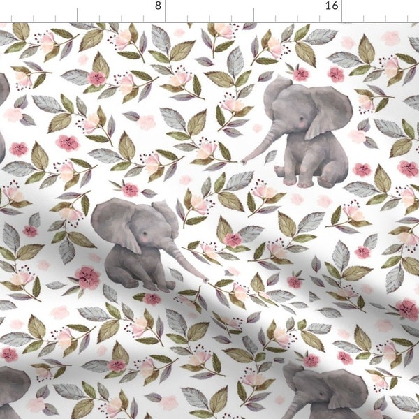 Little Elephants Fabric - Baby Elephant With Flowers  By Shopcabin - Sweet Nursery Girls Cute Cotton Fabric By The Yard With Spoonflower