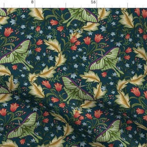 Luna Moth Floral Green Fabric - Art Nouveau Luna Moth On Blue By Jennifernichols - Luna Moth Cotton Fabric By The Yard With Spoonflower