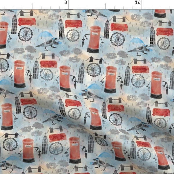 Rainy London Fabric - London I Love You By Natalia Gonzalez - Red Blue British UK Postbox Bus Cotton Fabric by the Yard with Spoonflower