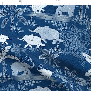 Monochromaticdc Tropical Elephant Fabric - Happy Elephants In Blue By Illaberek - Monochromaticdc Cotton Fabric By The Yard With Spoonflower