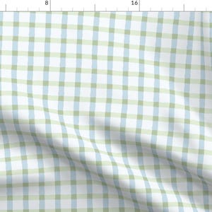 Whimsical Plaid Fabric - Medium Gingham Check by carolyntemadesigns - Wavy Watercolor Blue Green Checks Fabric by the Yard by Spoonflower