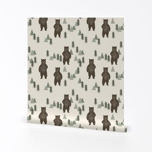 Woodland Wallpaper - Forest Bear By Andrea Lauren - Brown Green White Custom Printed Removable Self Adhesive Wallpaper Roll by Spoonflower