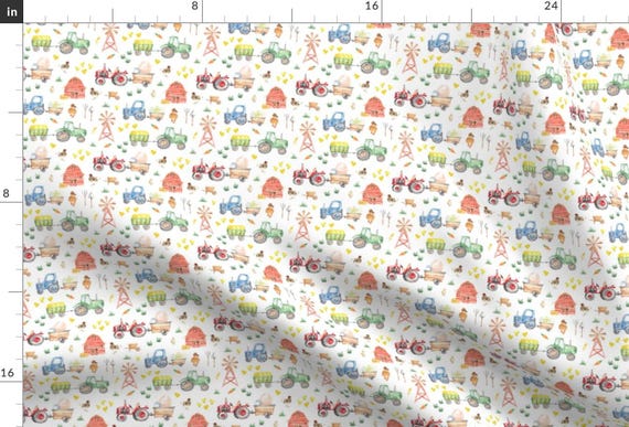 Spring Fabric - Spring On The Farm By Hipkiddesigns - Farmers Nursery Tractor Hay Animals Cows Cotton Fabric By The Yard With Spoonflower