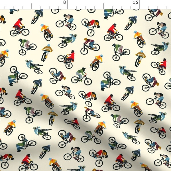 BMX Fabric - Mountain Bikers By Clairekalinadesigns - Outdoor Extreme Sports Pale Yellow Athletic Cotton Fabric By The Yard With Spoonflower