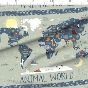 May include: A light green fabric with a blue world map printed on it. The map features various animals from different continents, including a polar bear, a giraffe, a monkey, a penguin, and a kangaroo. The text "ANIMAL WORLD" is printed at the top and bottom of the map.