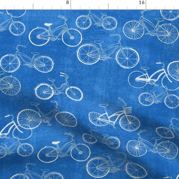 Bicycle Fabric - Ride On Blue By Leanne - Bikes Bicycle Blue and White Novelty Print Cotton Fabric By The Yard With Spoonflower