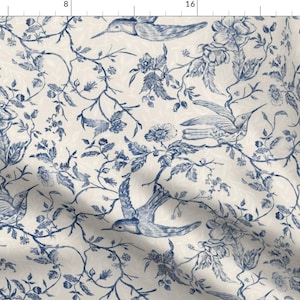Blue Floral Toile Fabric - Hummingbird Toile  by bridgettstahlman - Toile Chinoiserie Rococo Vintage Birds Fabric by the Yard by Spoonflower