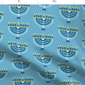 Menorah Blue Hanukkah Fabric - Menorah By Mintparcel - Menorah Holiday Jewish Blue Candles Cotton Fabric By The Yard With Spoonflower