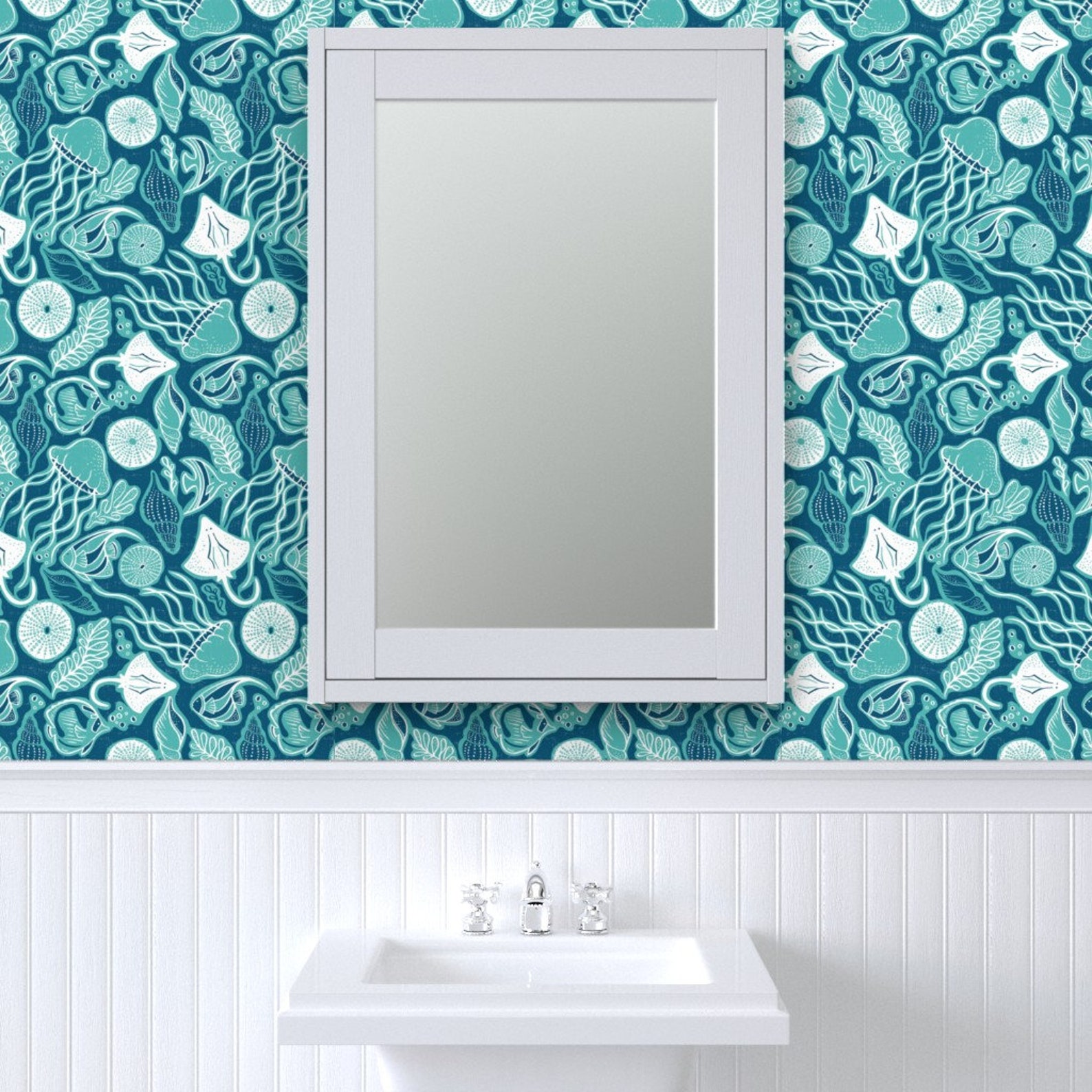 Nautical Wallpaper Sea Life Navy Blue Aqua by Heatherdutton | Etsy