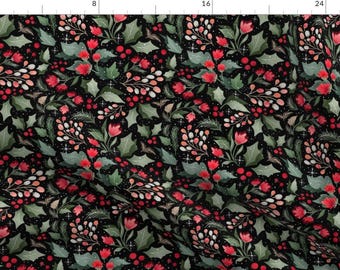 May include: A black background with a repeating pattern of red and white flowers, green leaves, and red berries. The pattern is reminiscent of a winter holiday theme.