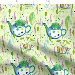 Watercolor Teapot Fabric - A Handful Of Herbs By Slumbermonkey - Teacup Teapot Tea Leaves Herbs Cotton Fabric By The Yard With Spoonflower