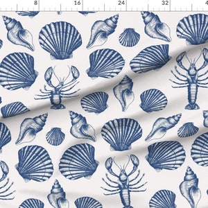 Coastal Toile Fabric Lobster And Seashells by studio_assorti Large Scale Maritime Damask Cobalt Blue Fabric by the Yard by Spoonflower image 3