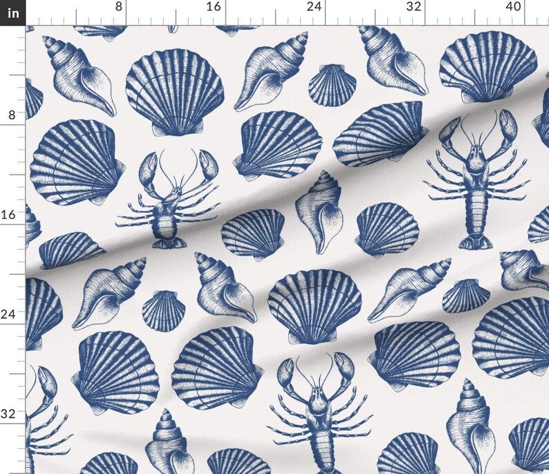 Coastal Toile Fabric Lobster And Seashells by studio_assorti Large Scale Maritime Damask Cobalt Blue Fabric by the Yard by Spoonflower image 3