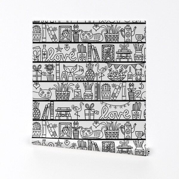 Coloring Wallpaper - Bookshelves Large By Laura May Designs - Black Custom Printed Removable Self Adhesive Wallpaper Roll by Spoonflower