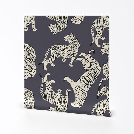 Tiger Wallpaper - Tigers 002 By Bluelela - Big Cat Black White Charcoal Jungle Bold Removable Self Adhesive Wallpaper Roll by Spoonflower