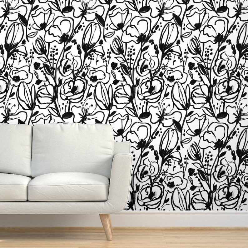 Floral Wallpaper Black White Floral Sketch by Alison Janssen Etsy