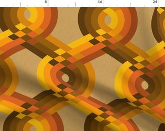 Vintage Brown Fabric - 1970s Curves And Checks by mia_valdez - Retro Orange Autumn Fall Large Scale Warm Fabric by the Yard by Spoonflower