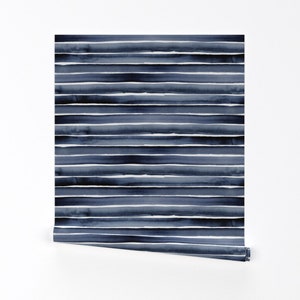 Stripe Wallpaper - Watercolor Stripe Blues By Crystal Walen - Blue Custom Printed Removable Self Adhesive Wallpaper Roll by Spoonflower