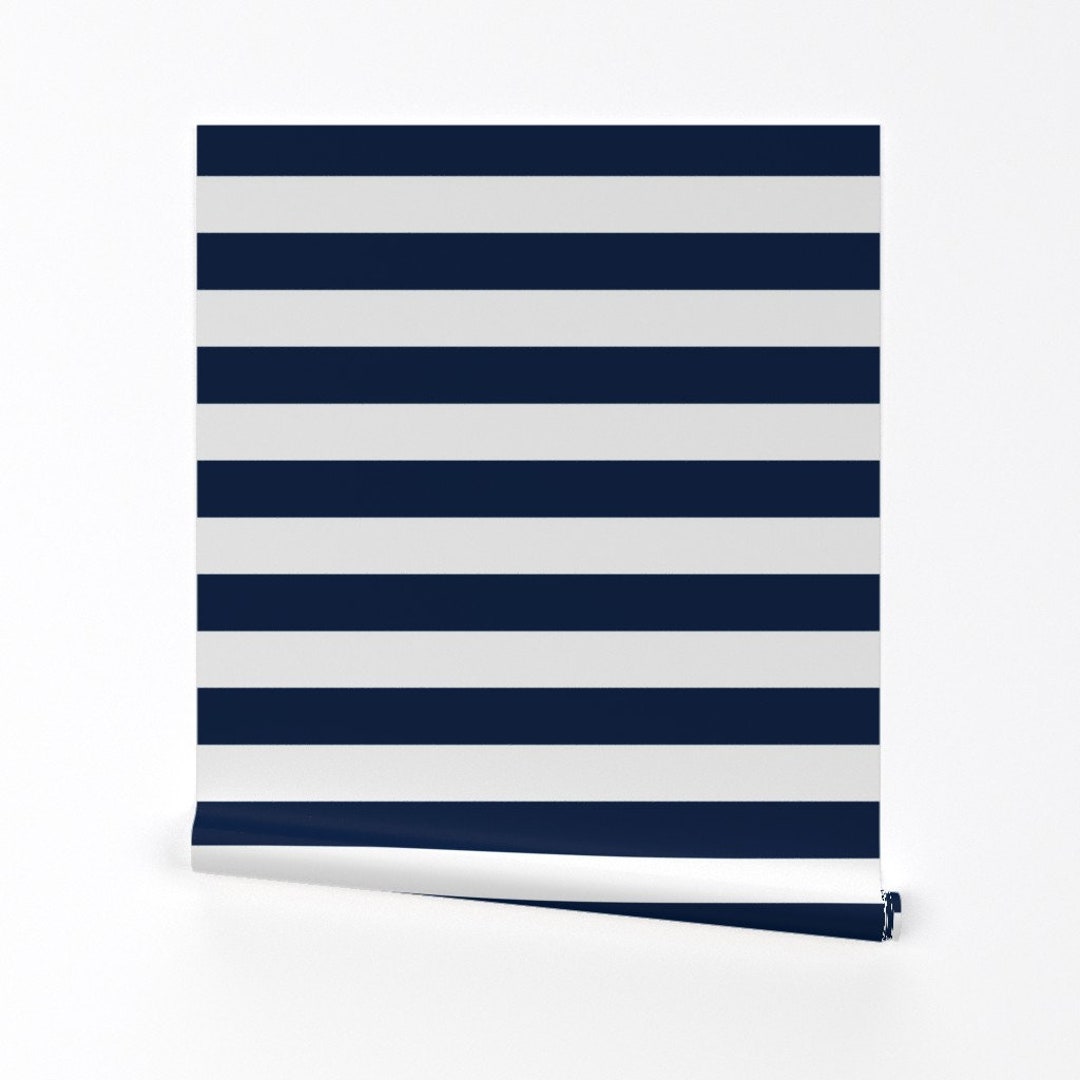 Stripes Wallpaper Navy and White Stripes Nursery by Andrea Lauren Custom Printed Removable Self