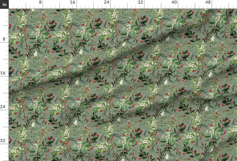 Mistletoe Fabric - Mistletoe And Holly Christmas Florals By Hipkiddesigns - Red Sage Linen Look Cotton Fabric By The Yard With Spoonflower image 2