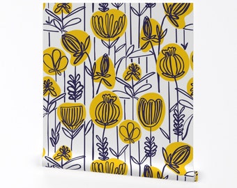 Mod Floral Wallpaper - Yellow Floral By Pragya K - Mod Decor Yellow Custom Printed Removable Self Adhesive Wallpaper Roll by Spoonflower