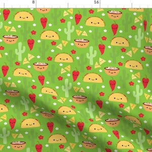 Taco Fabric - Happy Tacos And Friends Green By Clayvision - Taco Cactus Salsa Pepper Spicy Chips Cotton Fabric By The Yard With Spoonflower