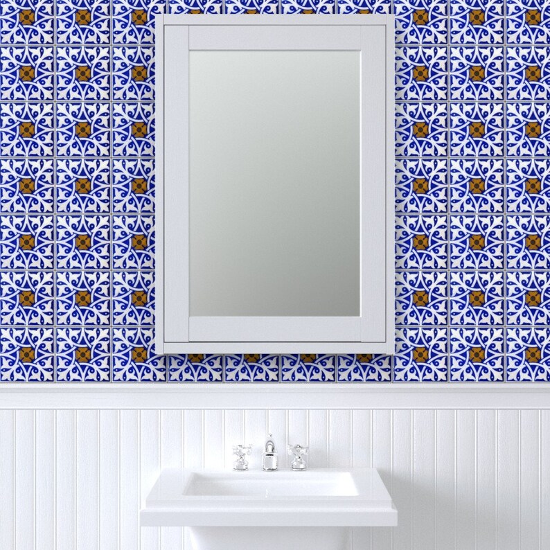Tile Wallpaper Blue and White Tile by Peacoquettedesigns - Etsy