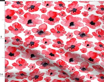 Red Floral Fabric - Red Watercolor Poppies By Graphicsdish - Modern Flowers Red Black Poppy Cotton Fabric By The Yard With Spoonflower