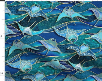 Giant Mantas Fabric - Patchwork Manta Rays In Sapphire And Turquoise Blue - Large By Micklyn - Batik Look Sea Life Fabric With Spoonflower
