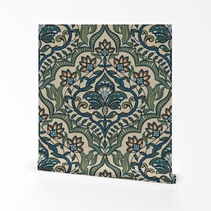 Damask Removable Peel and Stick Wallpaper - Millefleur Blue Green French Farmhouse - Wall Art Wall Decor - French Country by ronya_lake