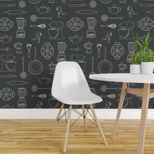 Kitchen Wallpaper Kitchen Tools White On Dark Gray By Johannak Gray Gadgets Food Removable Self Adhesive Wallpaper Roll by Spoonflower image 3