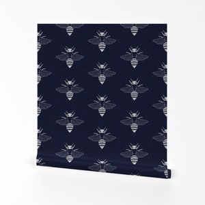 Bees Wallpaper - Bees - Navy - Linen By Scarlette Soleil - Bees Blue Custom Printed Removable Self Adhesive Wallpaper Roll by Spoonflower
