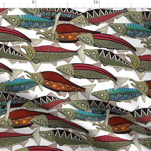 Salmon Fish Fabric - Alaskan Salmon White by scrummy - Rustic Salmon Alaska Red Blue White Fishing Fabric by the Yard by Spoonflower