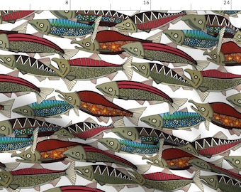 Salmon Fish Fabric - Alaskan Salmon White by scrummy - Rustic Salmon Alaska Red Blue White Fishing Fabric by the Yard by Spoonflower