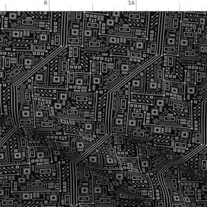May include: A black and white circuit board pattern with a repeating design. The pattern is made up of lines, squares, and circles.