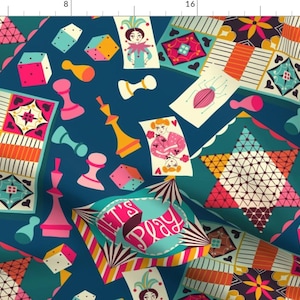Board Game Fabric - Let's Play Games By Miraparadies - Card Chess Dice Queen Vintage Blue Pink Cotton Fabric By The Yard With Spoonflower