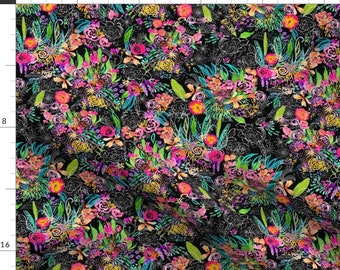 Neon Flowers Fabric - Midnight Neon Garden By Theartwerks - Colorful Flowers Cotton Fabric By The Yard With Spoonflower