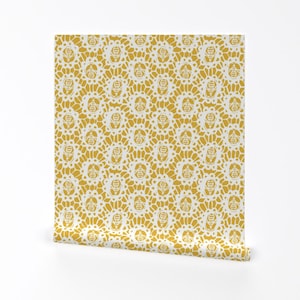 Bee Wallpaper - Bee Charmer Lace Golden Yellow Large By Heatherdutton - Custom Printed Removable Self Adhesive Wallpaper Roll by Spoonflower
