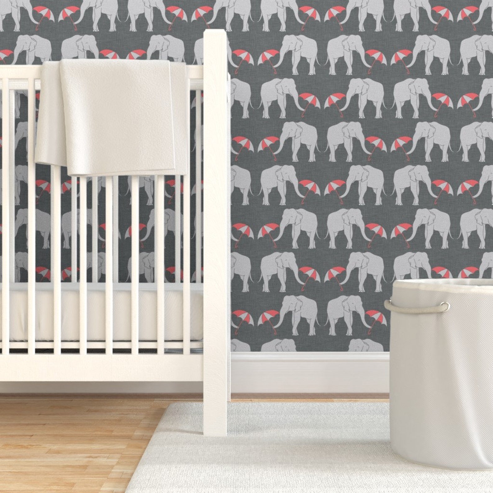 Elephant Wallpaper Elephant and Umbrella Coral by Holli | Etsy