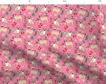 Pink Christmas Holiday Pug Fabric - Pug Fabric, Pug Dog Fabric, Pug C By Petfriendly - Pug Cotton Fabric By The Yard With Spoonflower