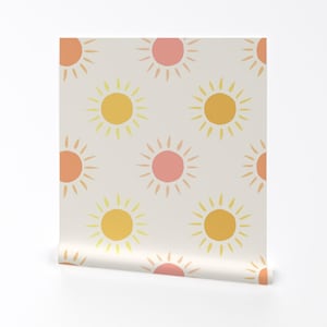 Sun Wallpaper - Summer Sun By Charladraws - Sunshine Kids Pink Orange White Happy Cute Removable Self Adhesive Wallpaper Roll by Spoonflower