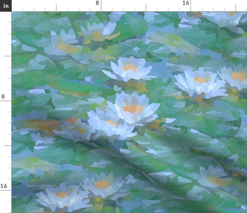 Impressionist Fabric Misty Victorian Lotus by yogiyarntailandme Lily Pad Green Periwinkle Fabric by the Yard by Spoonflower image 1